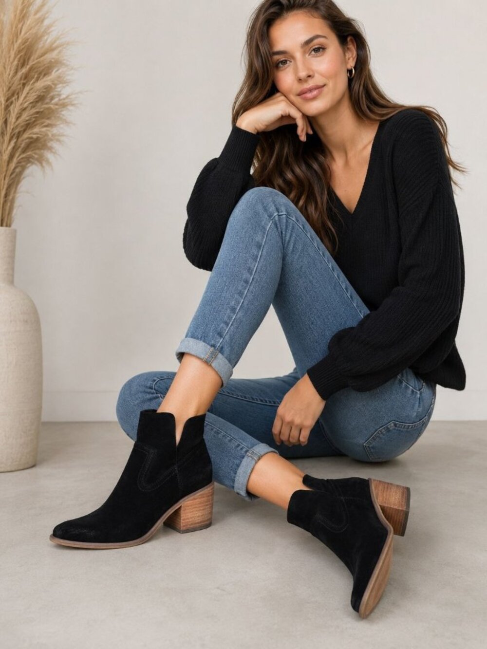 BP black suede ankle booties, crafted from soft black suede stacked block Sz 8 - Picture 1 of 7